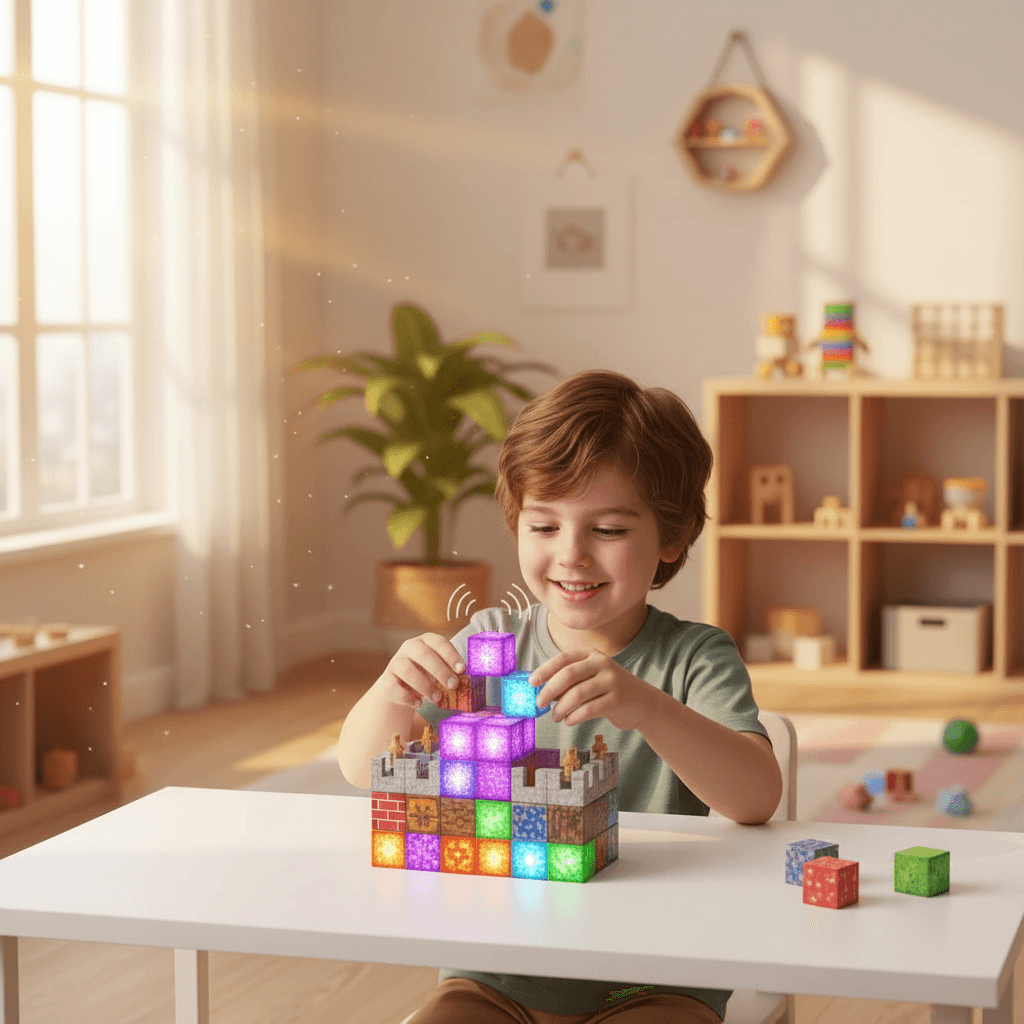 Enfant concentre sur sa construction en cubes magnetiques CubeCraft